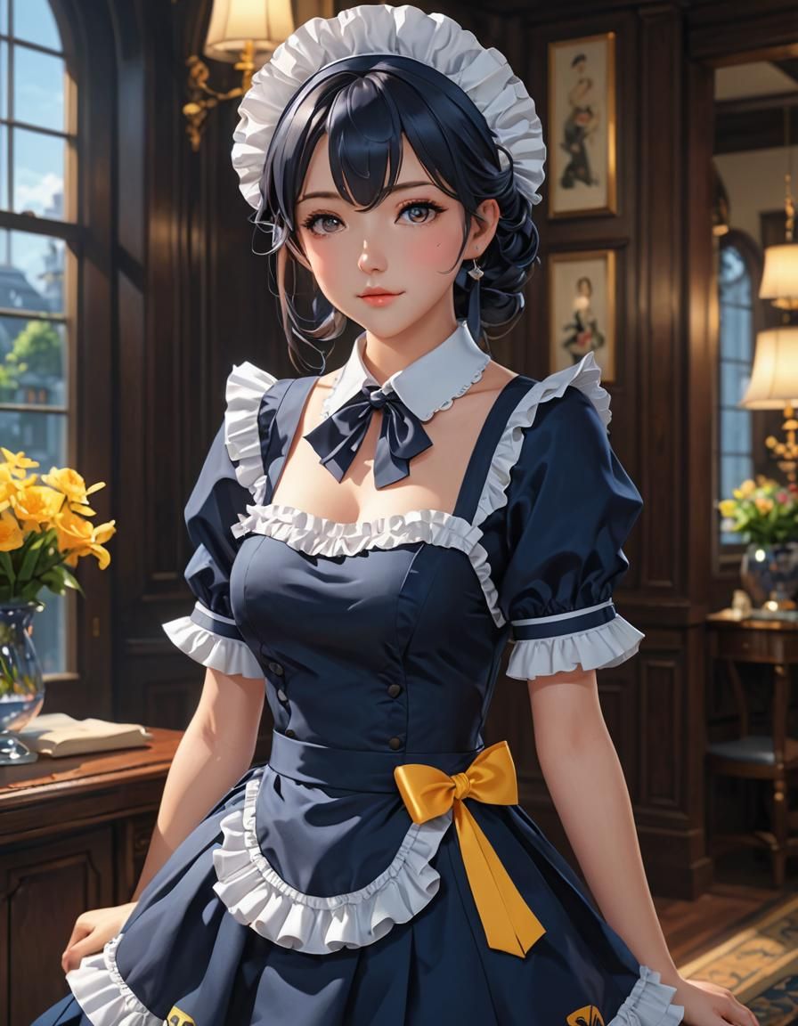 Navy Blue Maid Dress in 3D Anime Style
