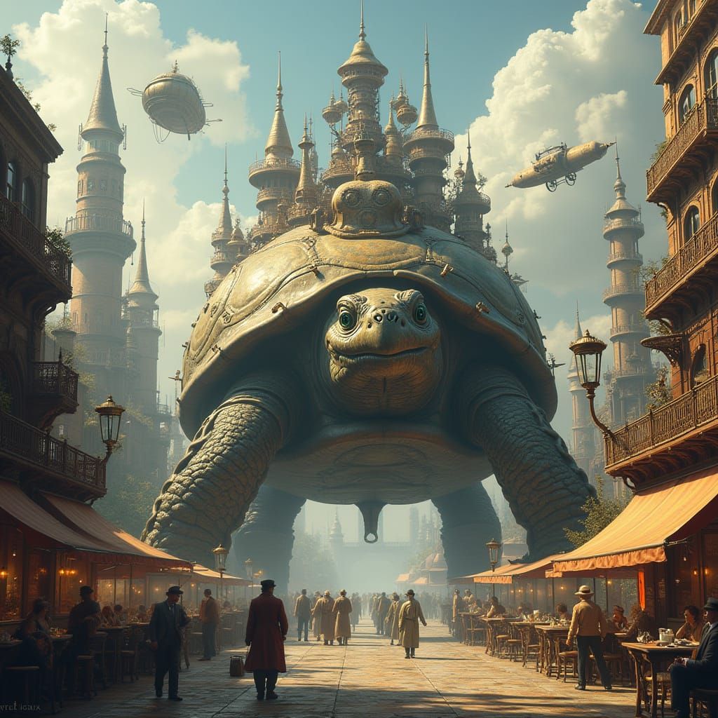 Steampunk City on Giant Turtle Back with Airships