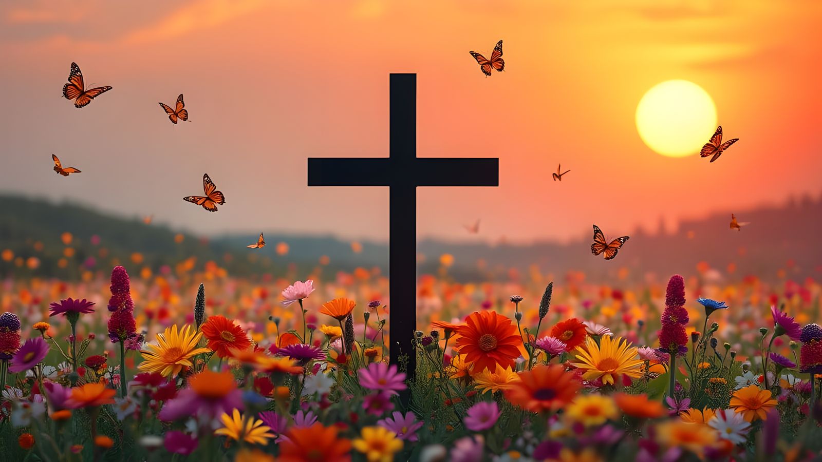 Black Cross Amidst Colorful Floral Sunset