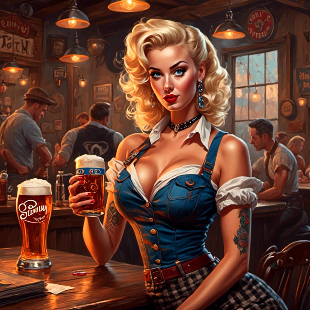 Retro Rockabilly Tavern Logo with Pinup Girl