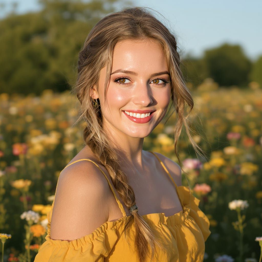 Realistic Portrait of a Woman in Wildflower Field