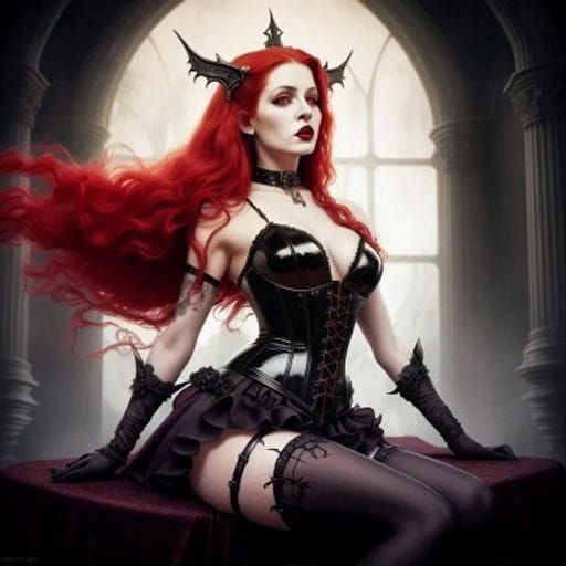 Red Haired Vampire Queen on Motorcycle in Horrorcore Style