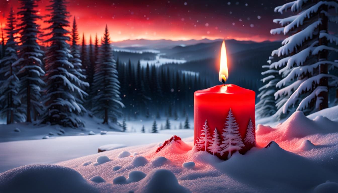 Red Candle Burning in Snowy Forest at Night