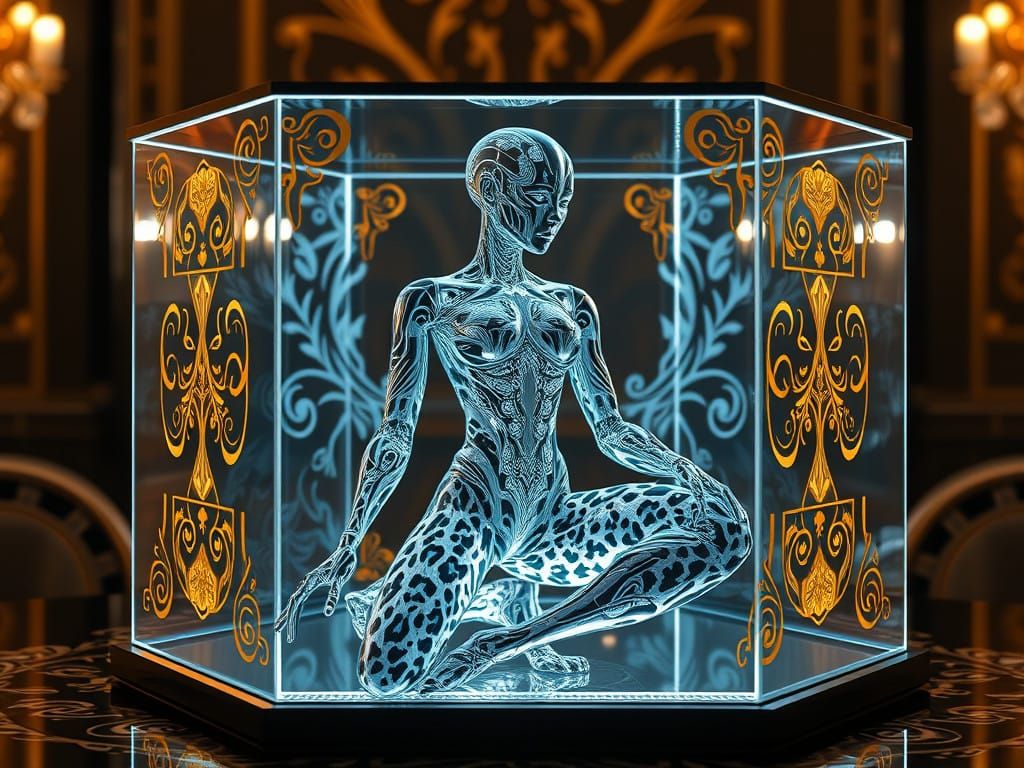 Luxurious Digital Art Deco Android Goddess in Glass Cube