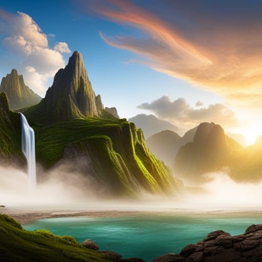 Scenic Waterfall and Mountain Matte Painting
