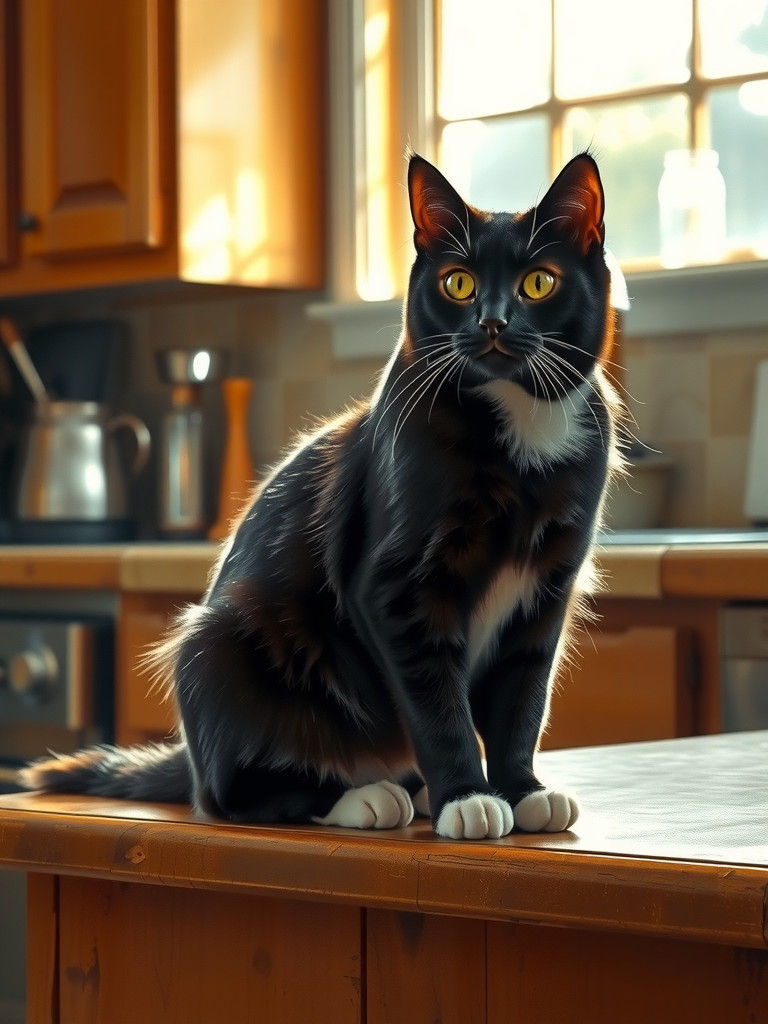 Black and White Cat Portrait, Detailed Realism Style