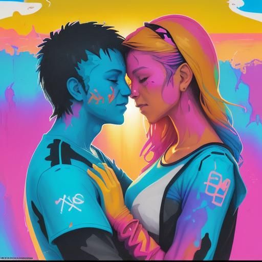 Loving Couple at Desert Sunrise in Graffiti Style