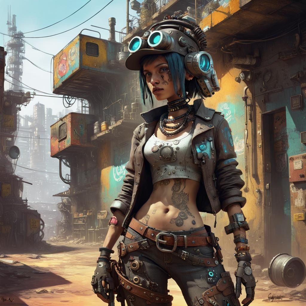 Cyberpunk Cowgirl Bandit in Favela with Cybernetics