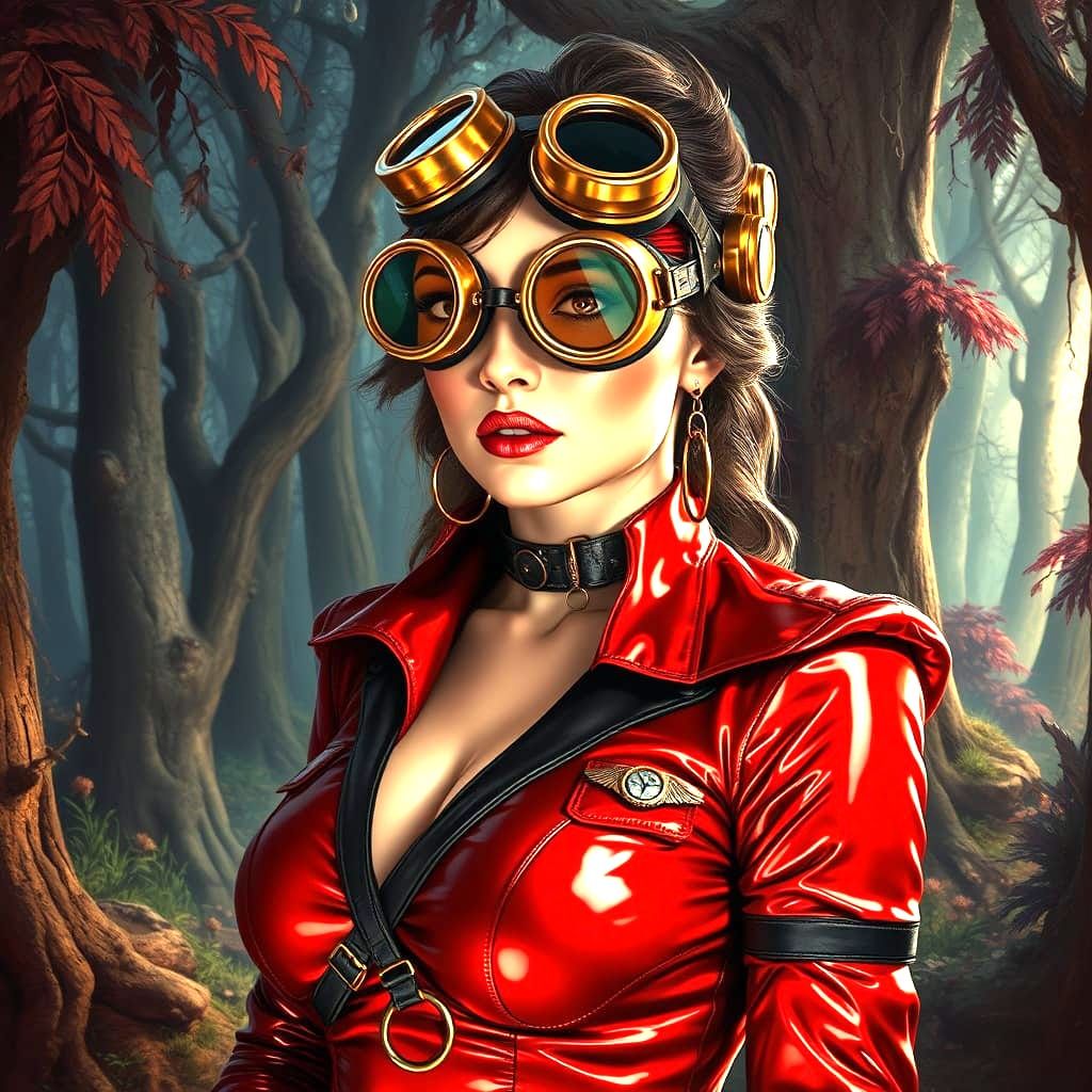 Pin-Up Woman in Latex Steampunk Forest