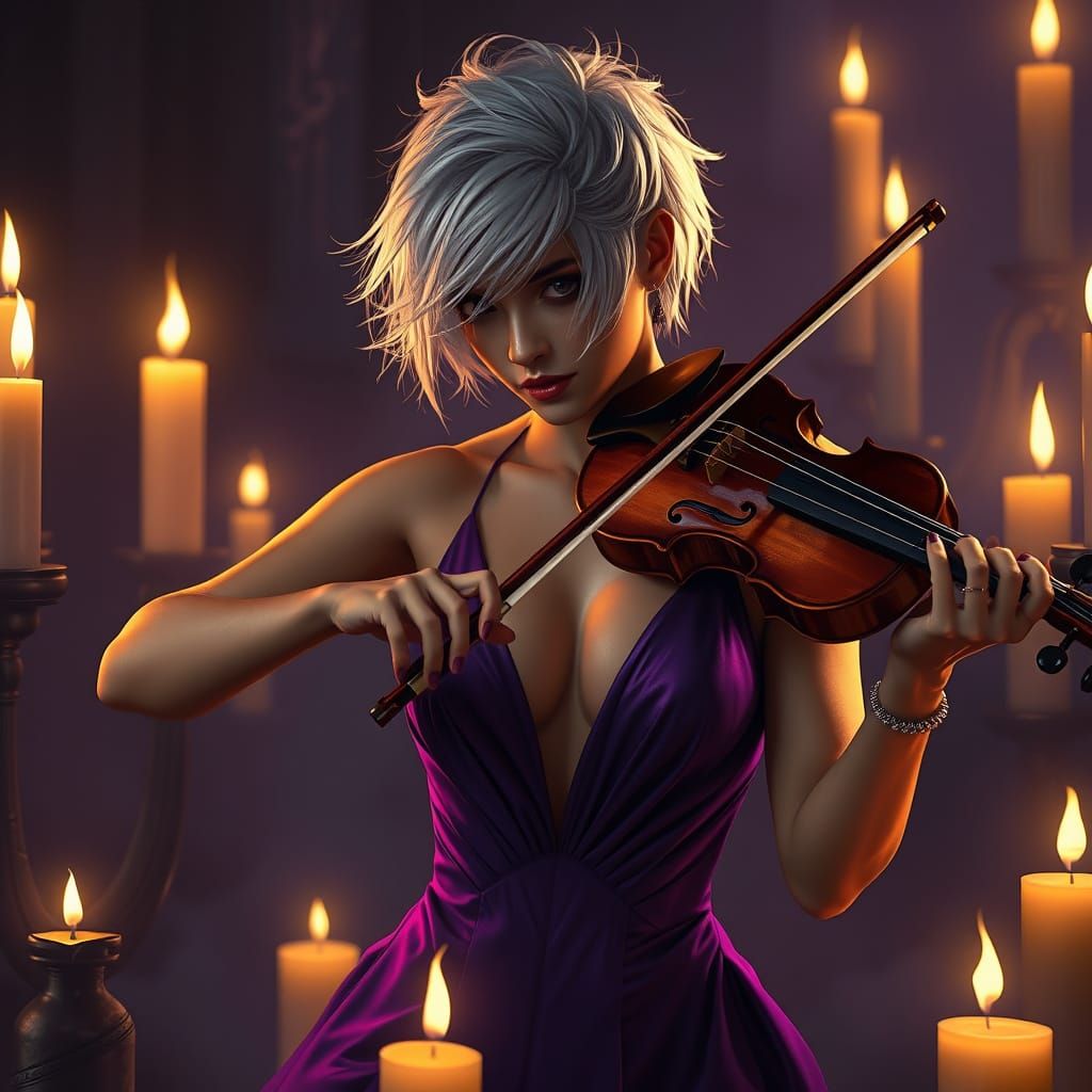 Dark Fantasy Violinist with Candles in Volumetric Lighting