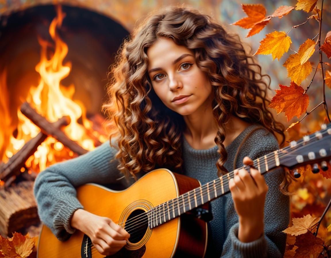 Hippie Woman Plays Guitar as Oil Painting