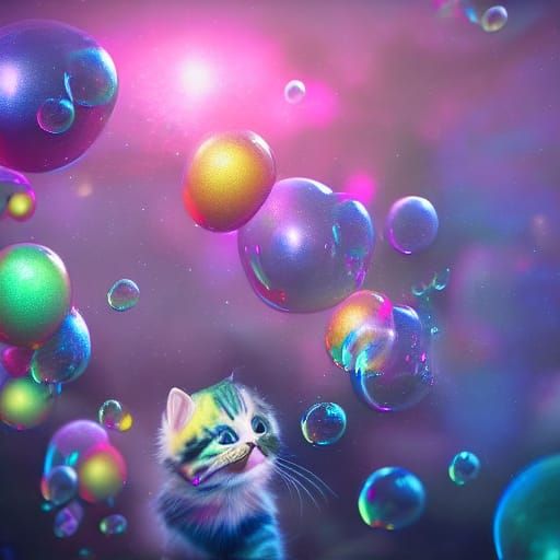 Kittens in Bubbles with Rainbow Sparkles