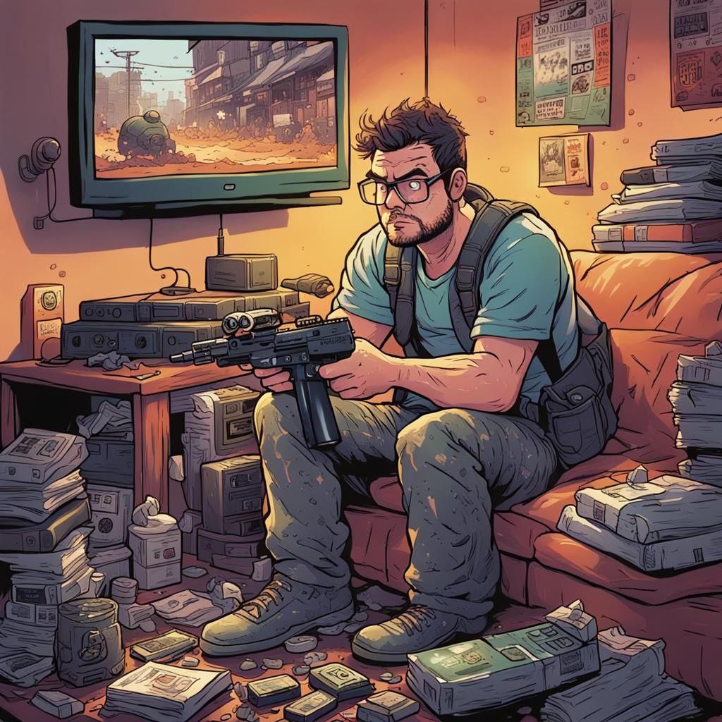 Aggressive Nerd Playing Call of Duty: Comic Book Art