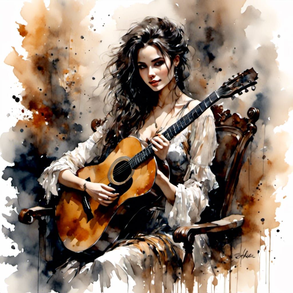 Renaissance Woman Playing Guitar in Antique Watercolor Style
