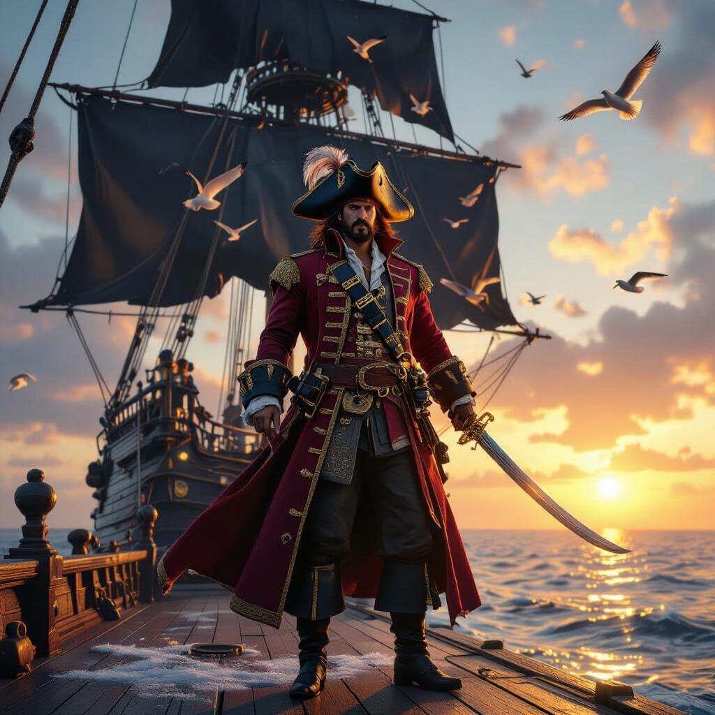 Fearless Pirate Captain on Ship Deck at Golden Sunrise