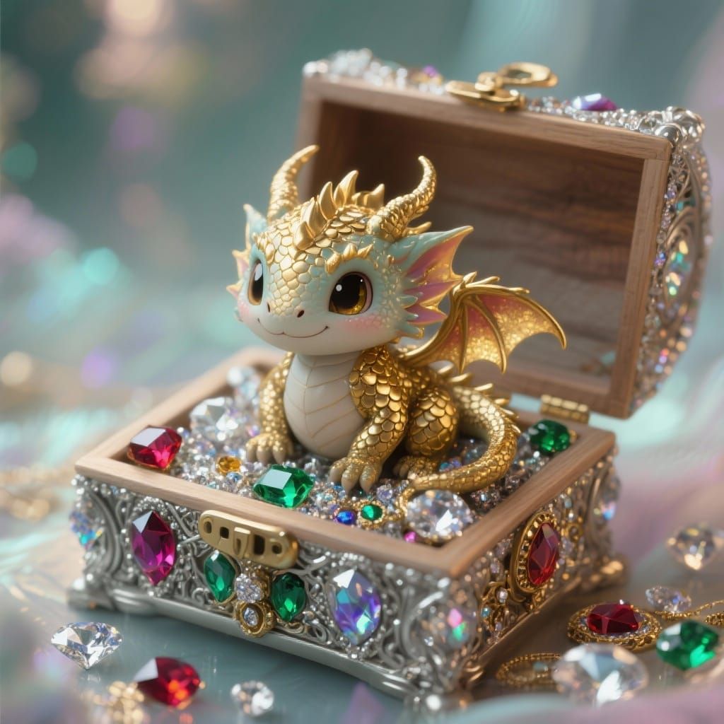 Gilded Baby Dragon in Jeweled Box, Anime Style