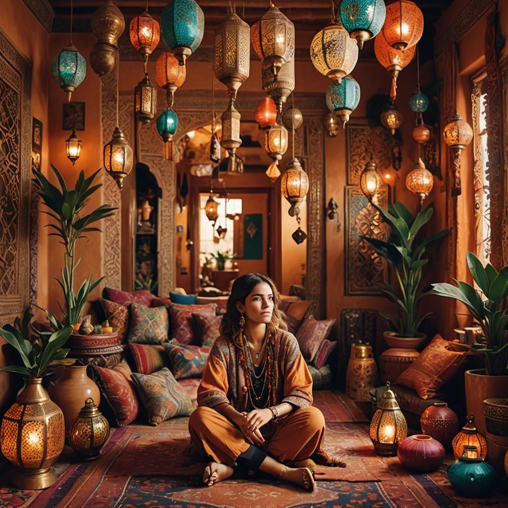 Bohemian Chic Woman in Moroccan Living Room