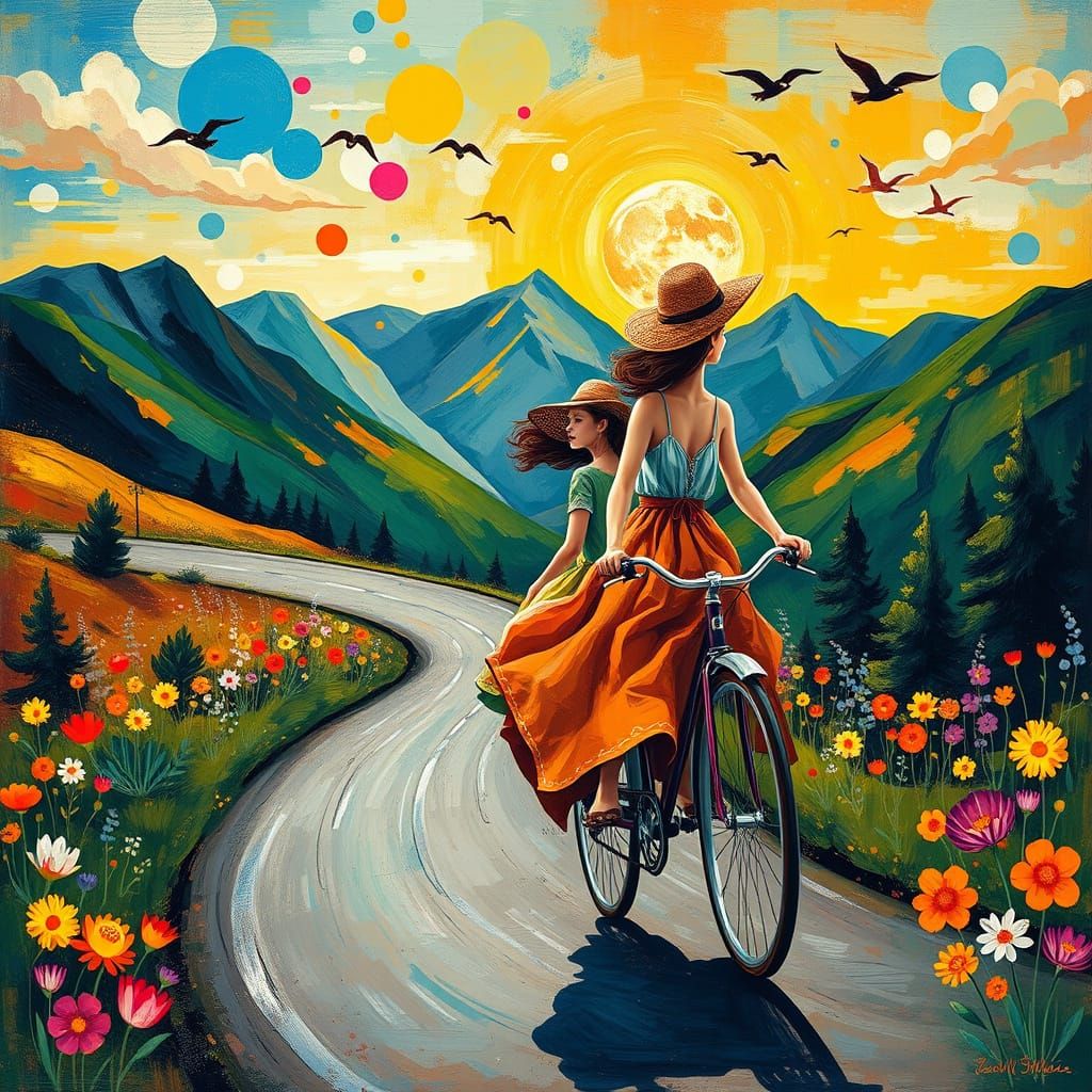 Whimsical Girls Ride Bicycles Through Vibrant Flowers in a D...