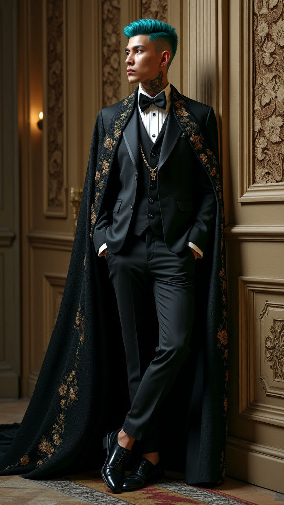 Nonbinary Person in Floral Tuxedo with Cape