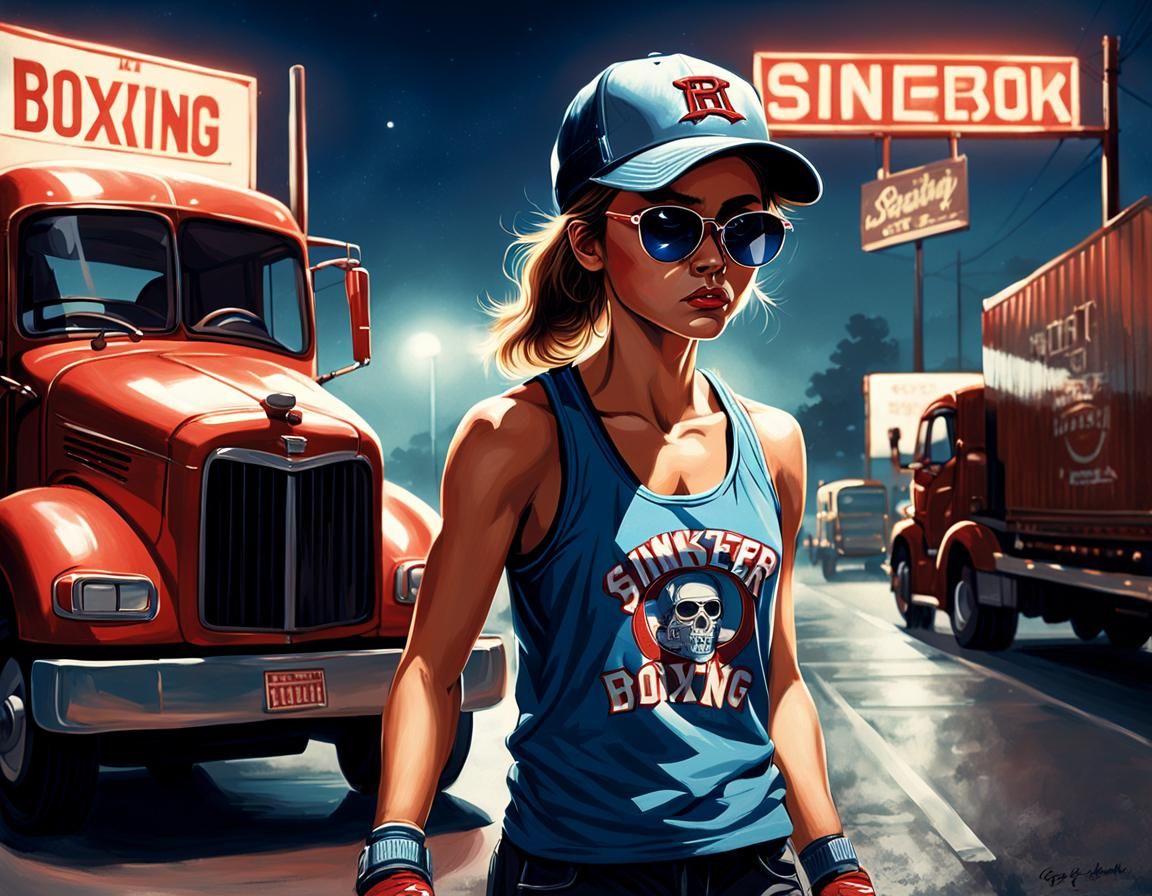 Sinister Night Boxing Match Between Woman and Trucker