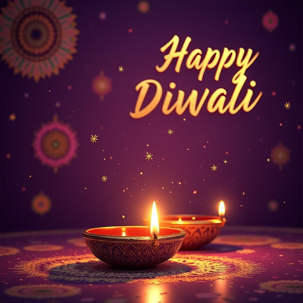Vibrant Diwali Greeting Card with Golden Diyas