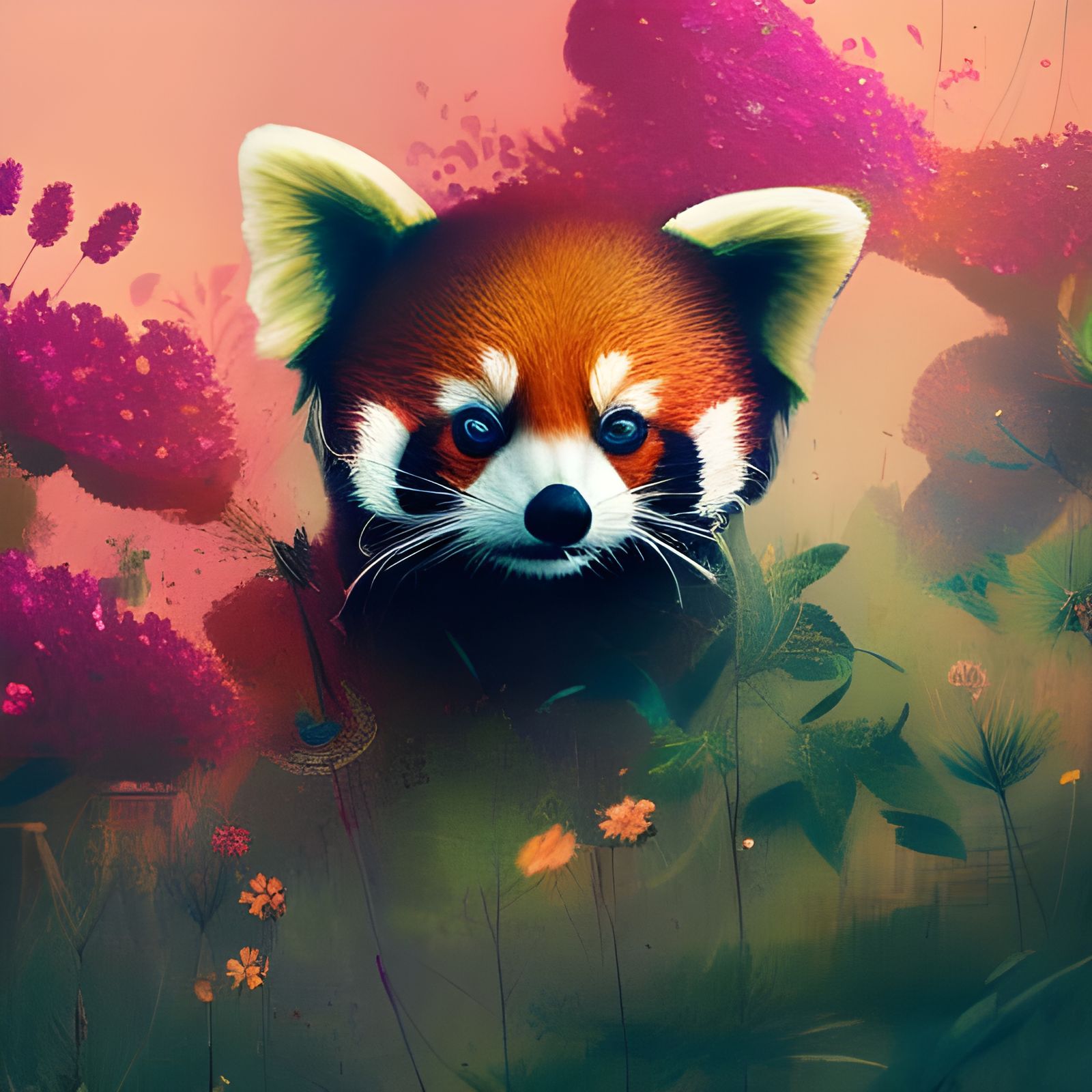 Red Panda in Flower Meadow Digital Illustration