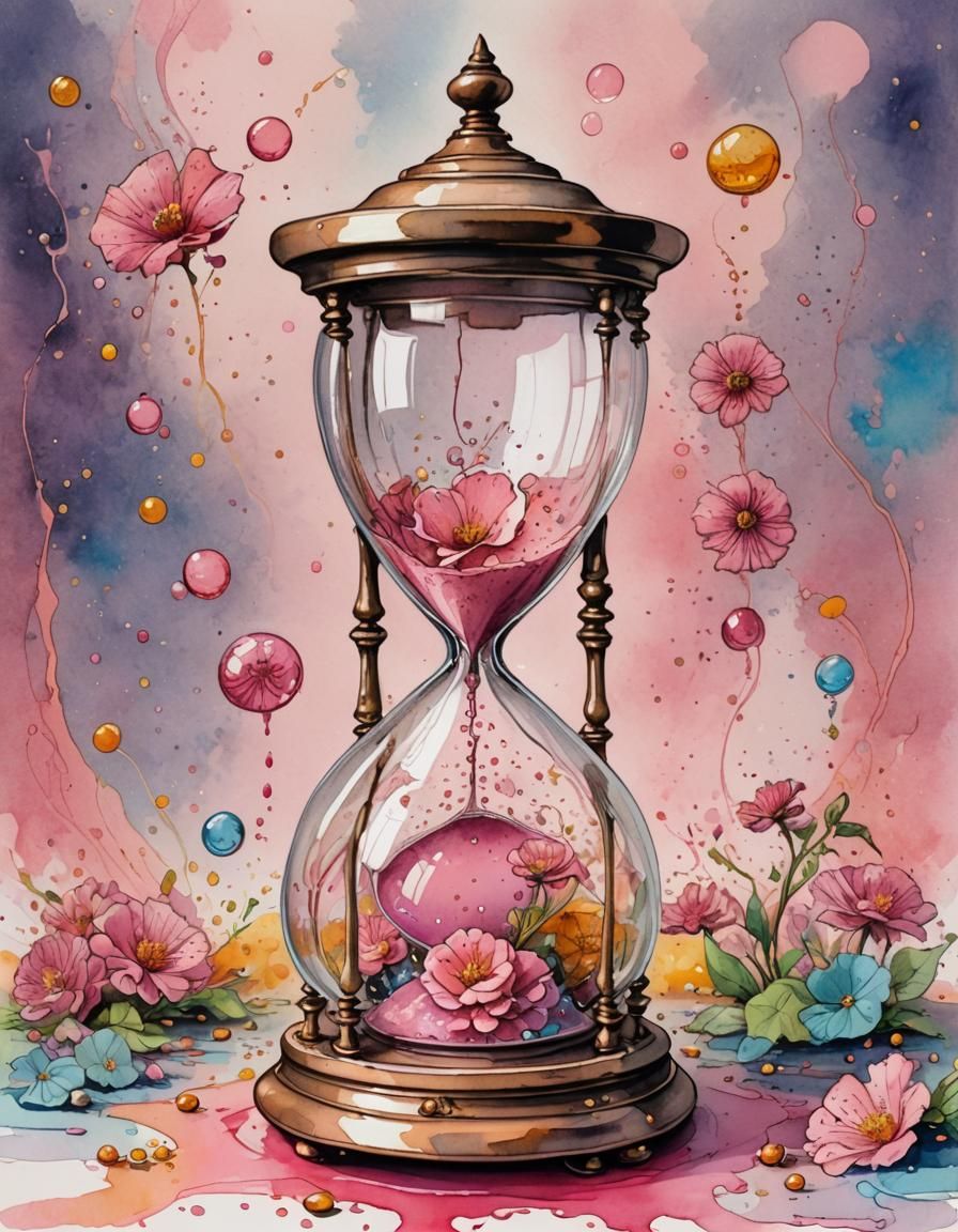 Hourglass Filled with Pink Liquid as Watercolour Painting
