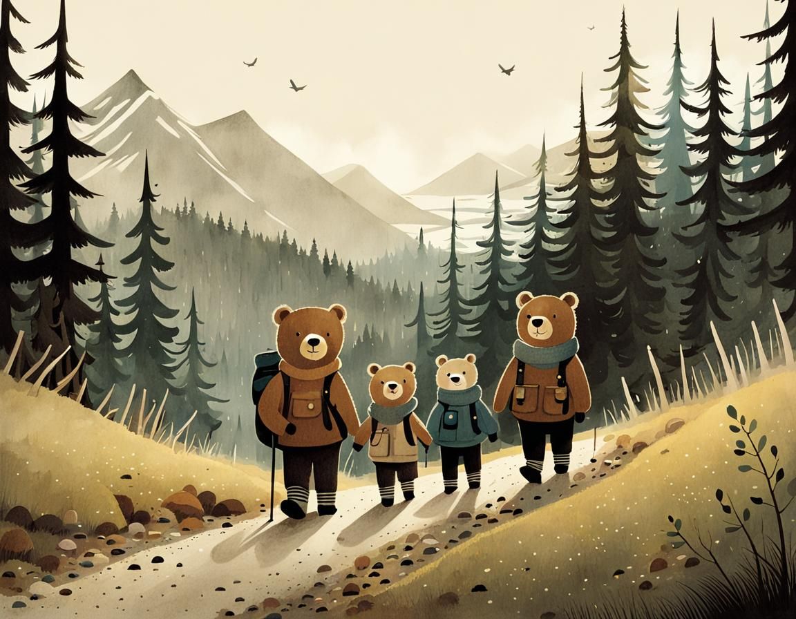 Teddy Family Hikes in Whimsical Storybook Style