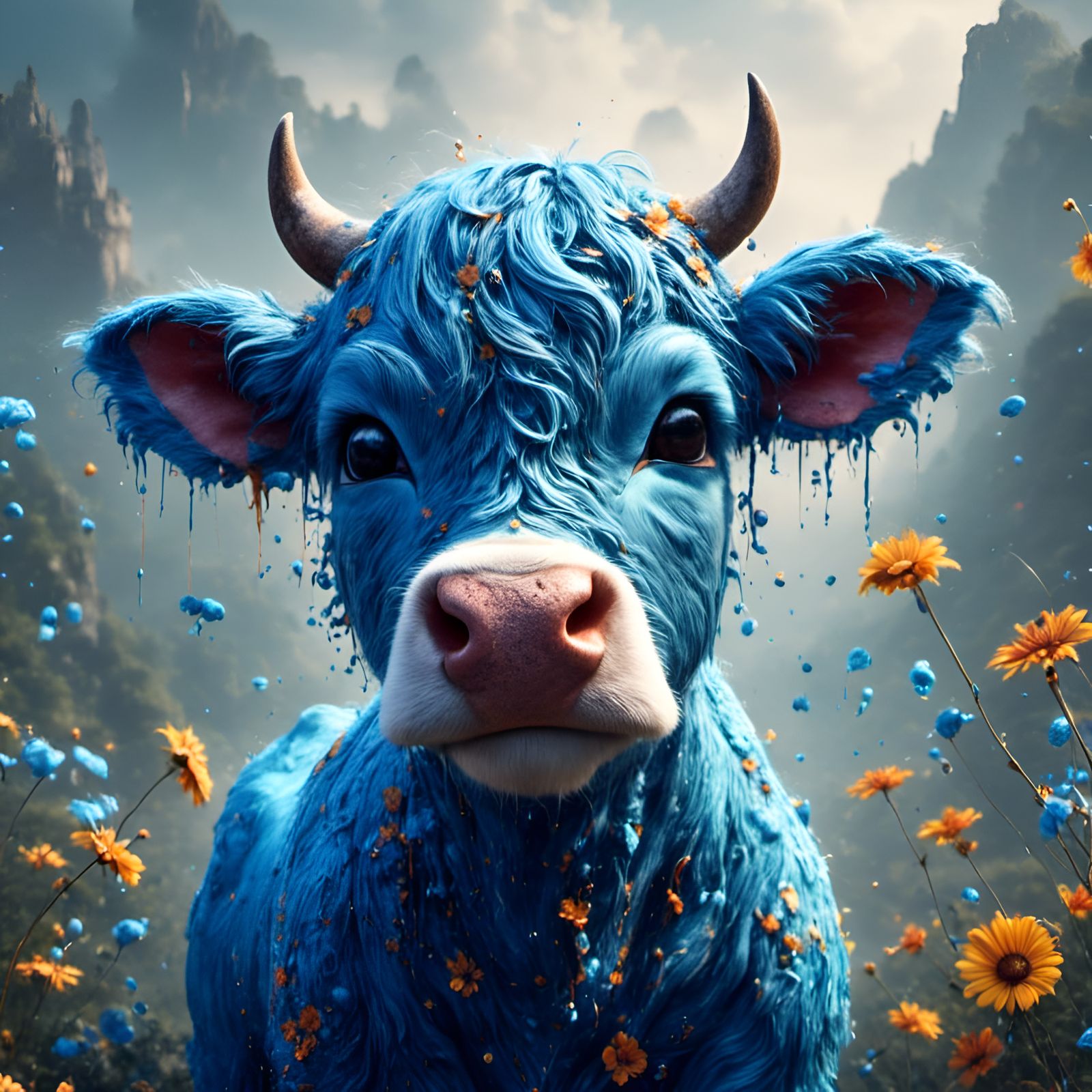 Adorable Blue Cow Portrait in Detailed Matte Style