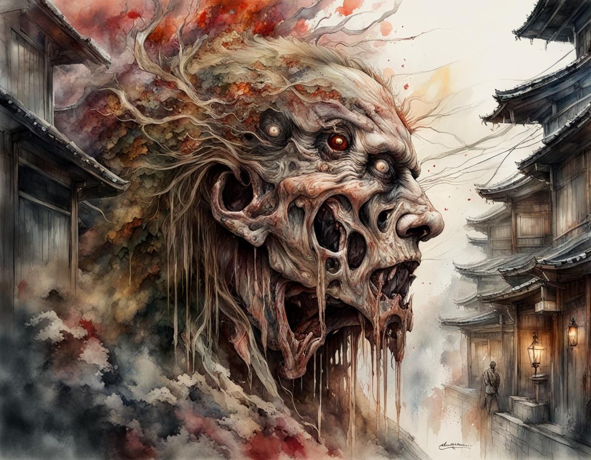 Macabre Body Horror Monster in Japanese Art Style