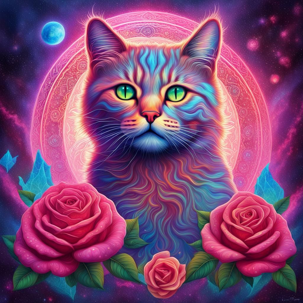 Cosmic Cat Rose in Visionary Art Style