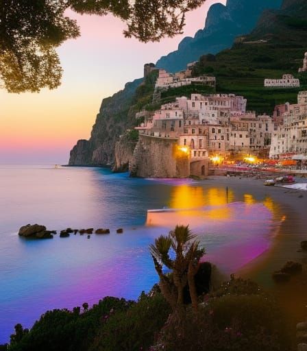 Fantasy Coast Town at Night in Pastel Colors