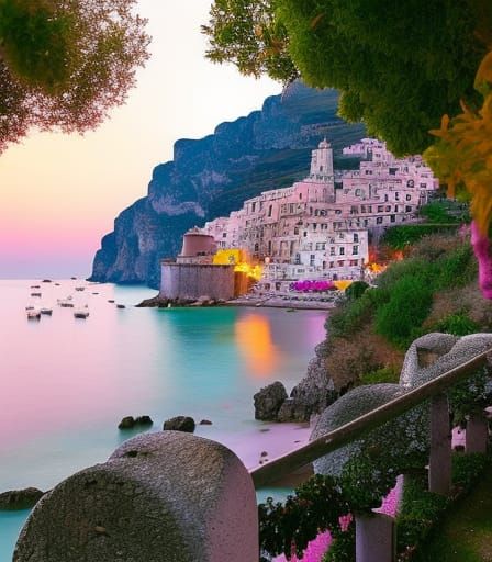 Fantasy Coast Town at Night in Pastel Colors