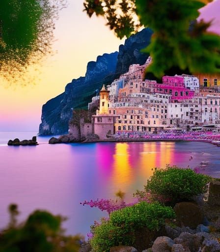 Fantasy Coast Town at Night in Pastel Colors
