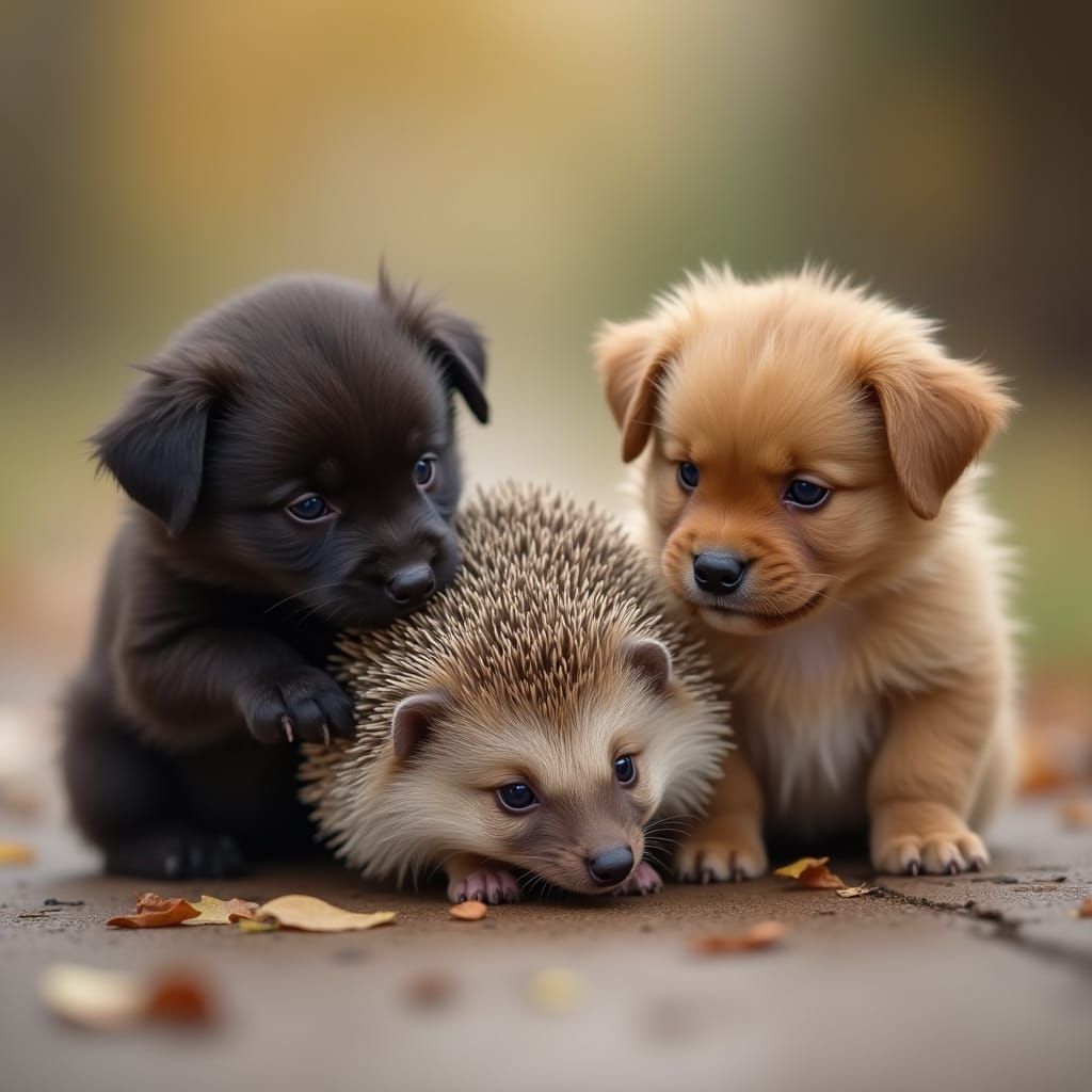 Hedgehog and Dachshund Puppies Play: Photorealistic Image