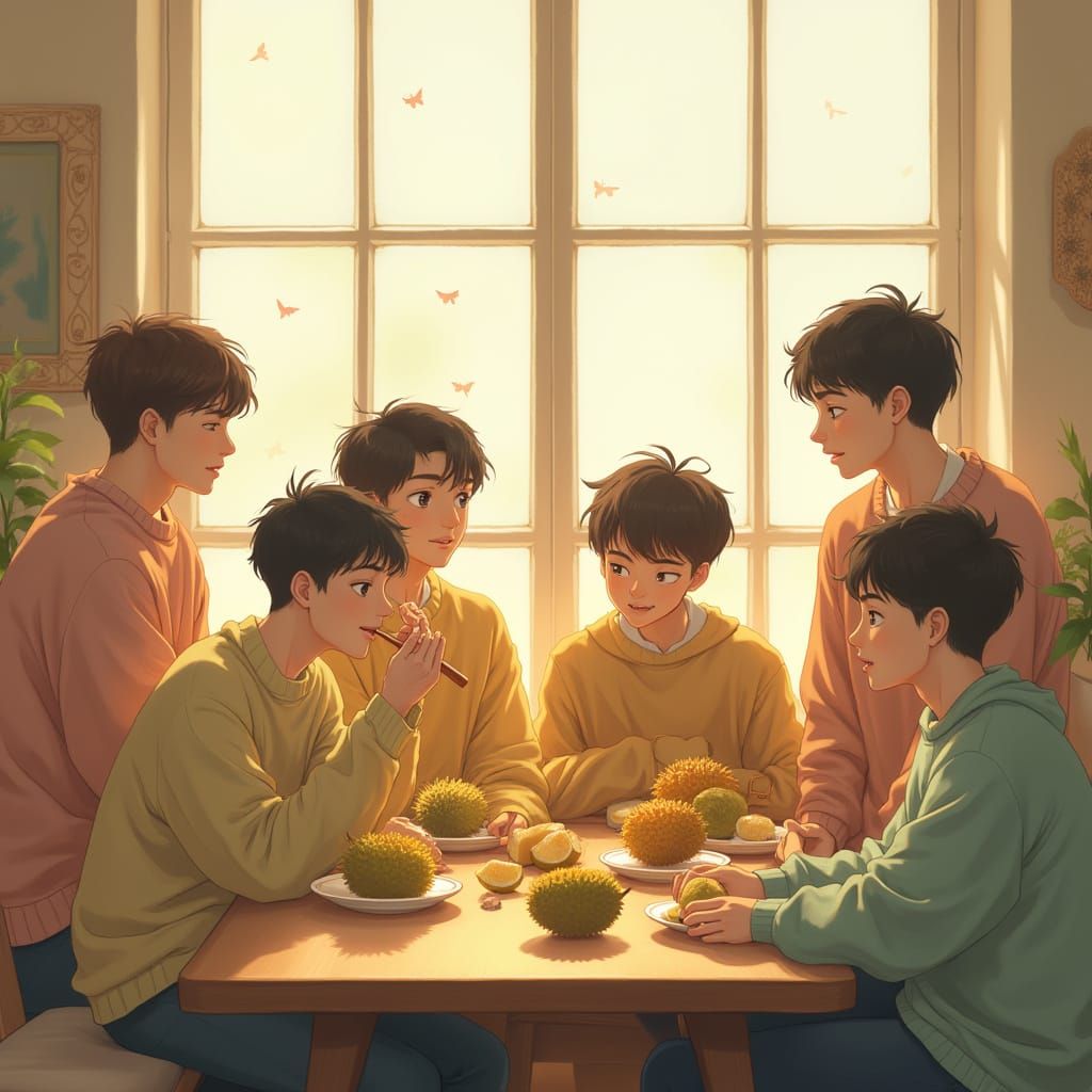 Young Men Enjoying Durian in Whimsical Realism Style