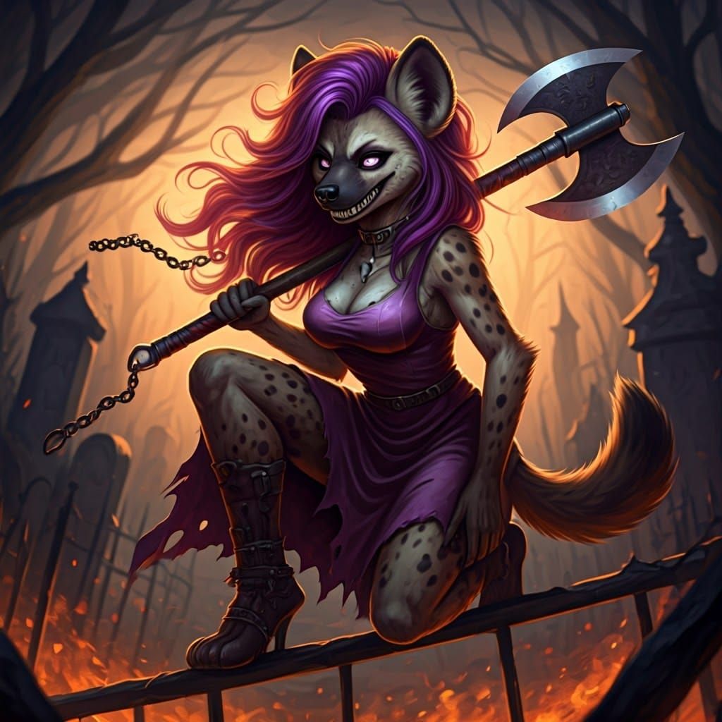 Feminine Zombie Hyena in Prom Dress, Holding Battleaxe at Gr...