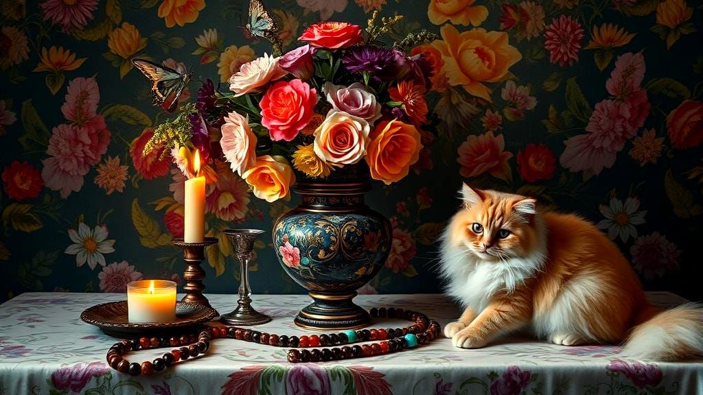 Victorian Floral Wallpaper with Jewelry and Cat