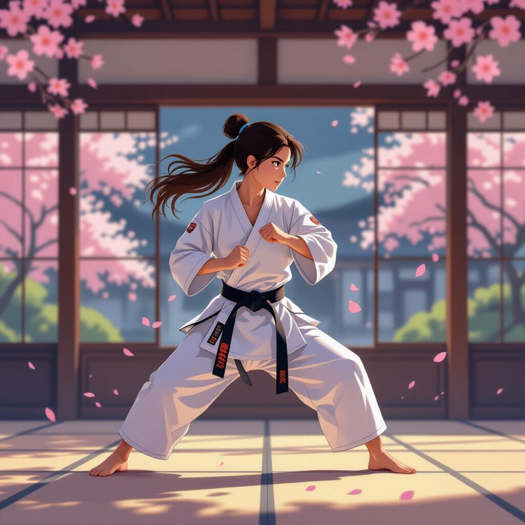 Woman Practicing Karate in Dojo: Cel-Shaded Art