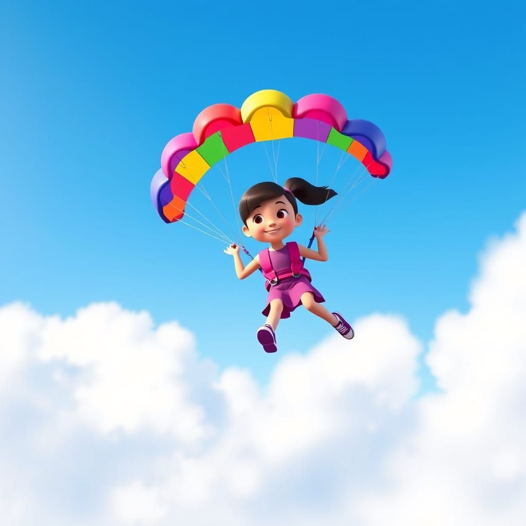 Girl Flying with Parachute: 3D Animation in Nick Jr. Style