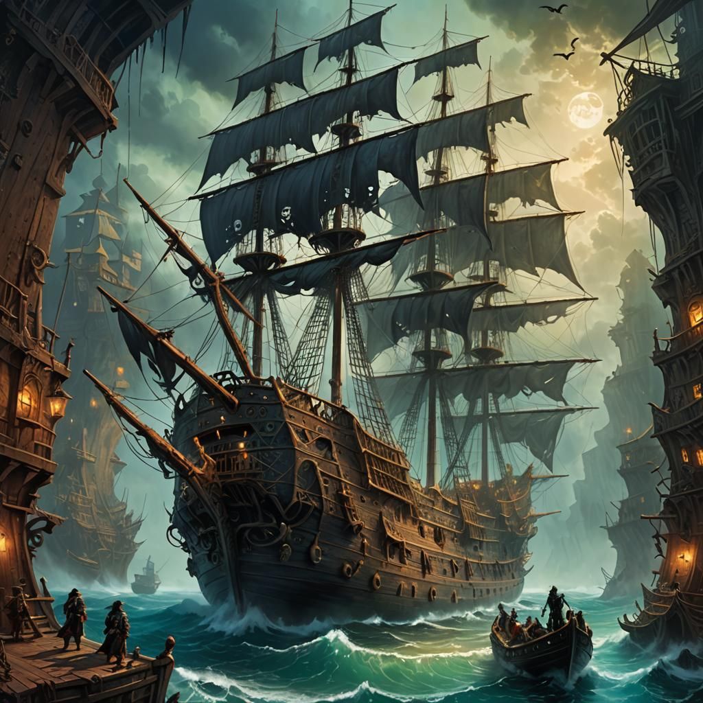 Eerie Ghost Ship Painting in Dark Fantasy Style