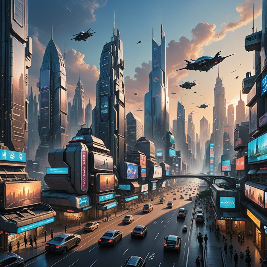 Futuristic Dawn Cityscape with Towering Skyscrapers and Flyi...