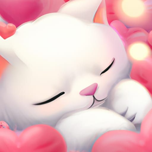 Adorable White Kitten Sleeping with Love Hearts