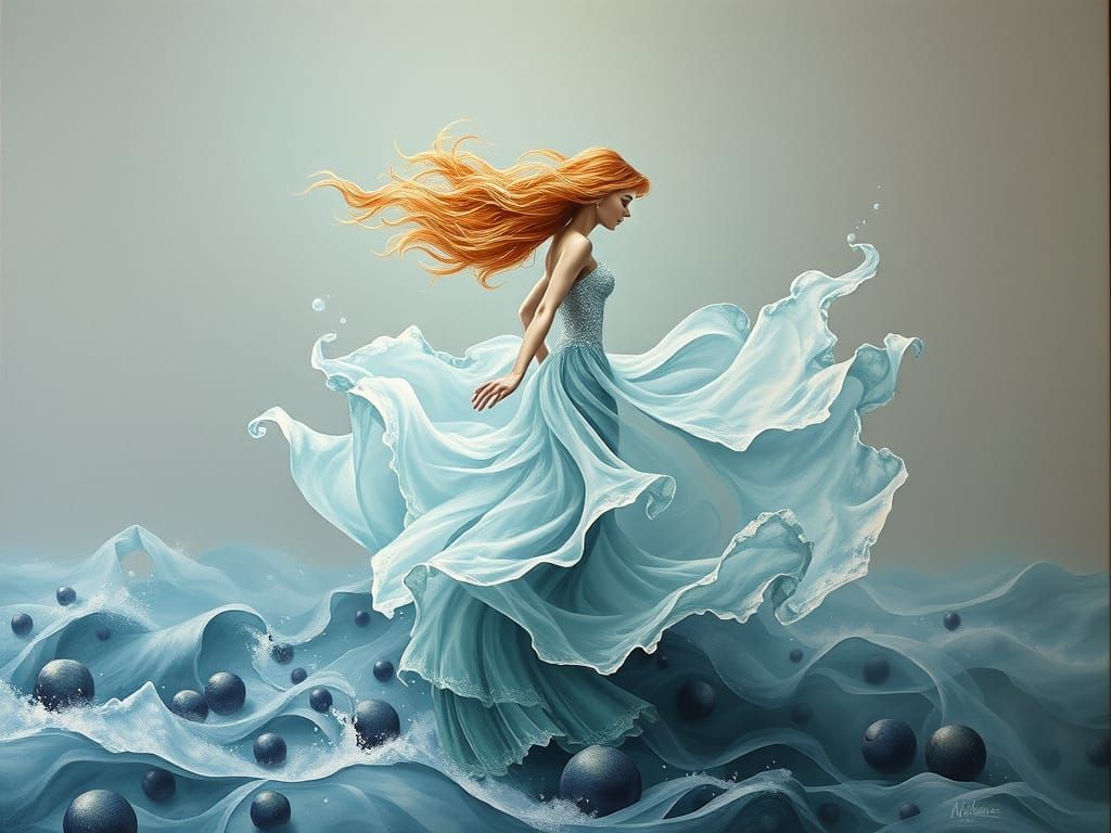 Little Mermaid Dissolving into Dreamlike Seascape
