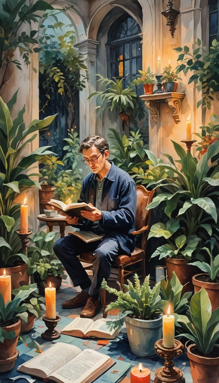 Man Reading Surrounded by Calming Elements in Gouache Style