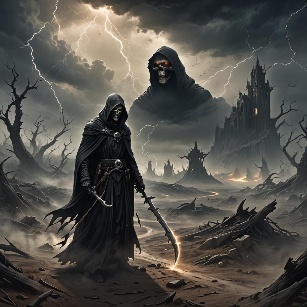 Grim Reaper Guiding Souls in Dark Fantasy Landscape