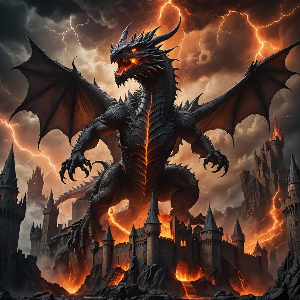 Gothic Dragon Attacks Castle in Dark Fantasy Art