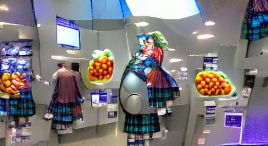 Futuristic Orwellian Grocery Store with Pregnant Clown