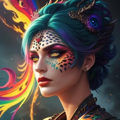Woman with Rainbow Scales and Peacock Hair