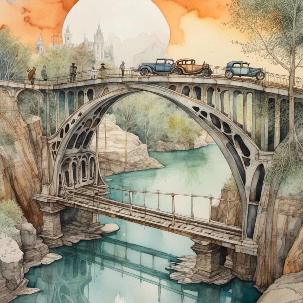 Surreal Watercolor Bridge Landscape with Steampunk Elements